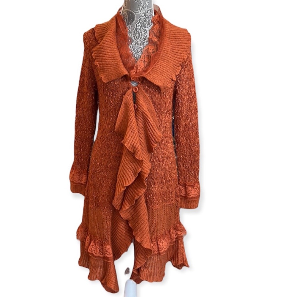 Jamie Gries burnt orange  boho sweater cardigan lace & ruffle trim size small - Picture 2 of 13